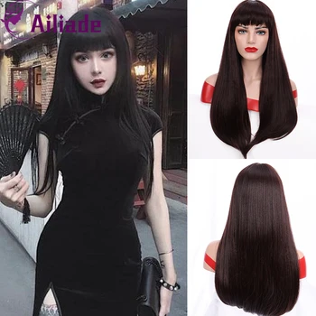 

AILIADE Long Straight With Bangs Synthetic Wigs For Black/White Woman Daily Cosplay Dark Brown Color Heat Resistant Fake Hair