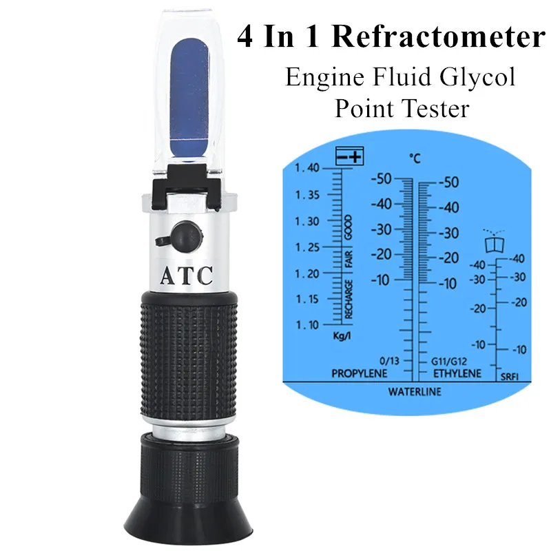Hand Held 4 In 1Refractometer Engine Fluid Glycol Point Tester Car Battery Antifreeze Freezing Refractometer Antifreeze Tester
