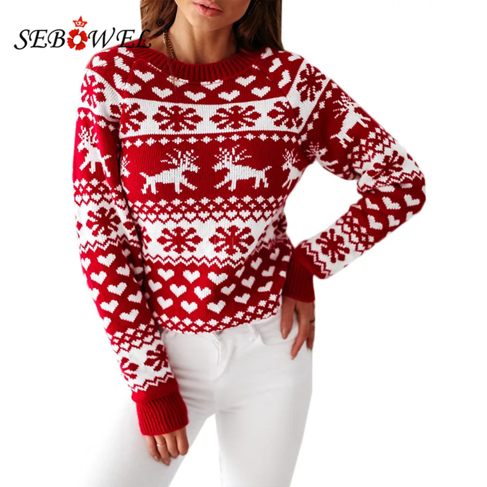

SEBOWEL Autumn Winter Christmas Sweaters for Women Elk/Snowflake Pattern Pullovers Tops Female Red Long Sleeve Sweater S-XXL