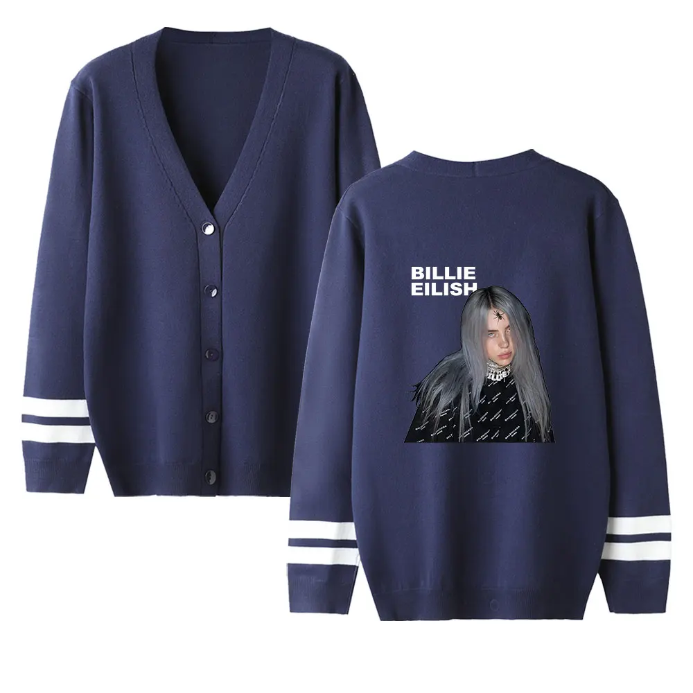 Billie Eilish женские свитера, осенний зимний Кардиган, повседневные кардиганы с v-образным вырезом, однобортный, с пышными рукавами, свободная одежда
