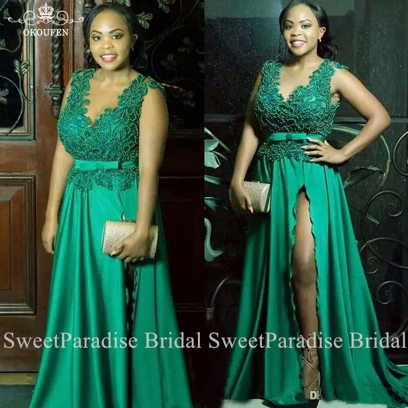 

Luxury Heavy Beading Evening Dress Plus Size Women V Neck Long Side Split Runway Party Prom Dresses Robe De Soiree