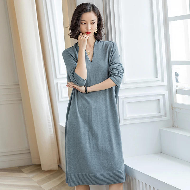 

High Quality Women Autumn Knit Loose Sweater Dress Female Side Split V-Neck Wool Sweater Dress Pullovers