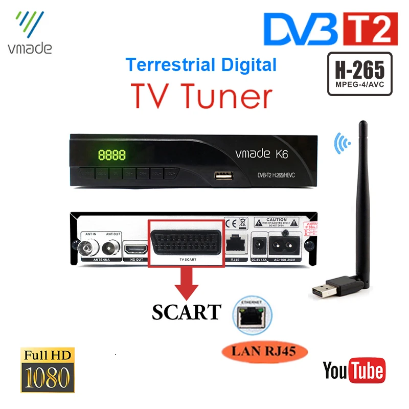 Vmade DVB T2 наземные цифровые ТВ приемники со встроенным разъемом Scart RJ45 H.265 HD тюнер