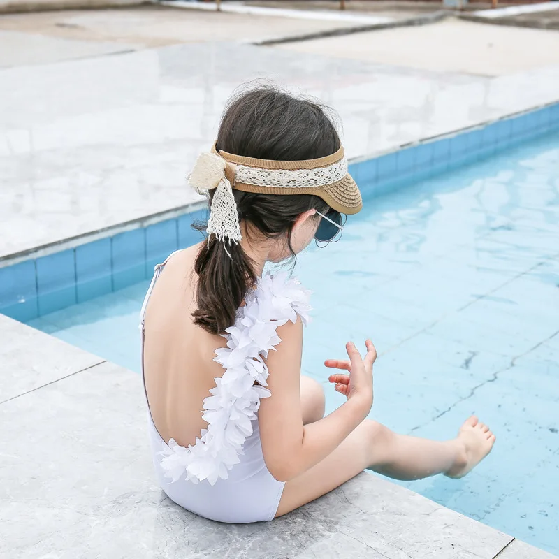 

One-Shoulder Imitation Flowers GIRL'S One-piece Swimming Suit Triangular Handmade Flower Solid Color Deep V Sexy Bikini CHILDREN