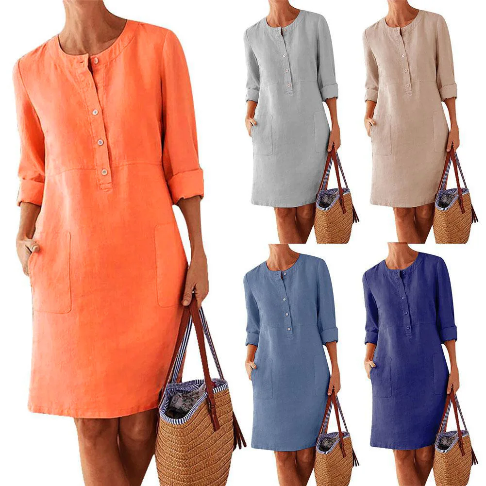 

7 Colors 2020 New Women's Cotton Linen Round Neck Long Sleeve Summer Plus Size Bodycon White Beach Dress Clothes Befree Dresses