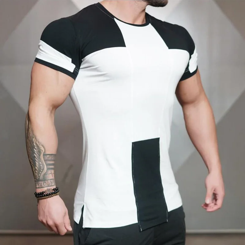 T05 white Новая мужская облегающая футболка с коротким рукавом фитнес-организация спортзалы фитнесс фитнес сплайсинга хлопчатобумажная футболка Размер m-xxl - Цвет: T05 white