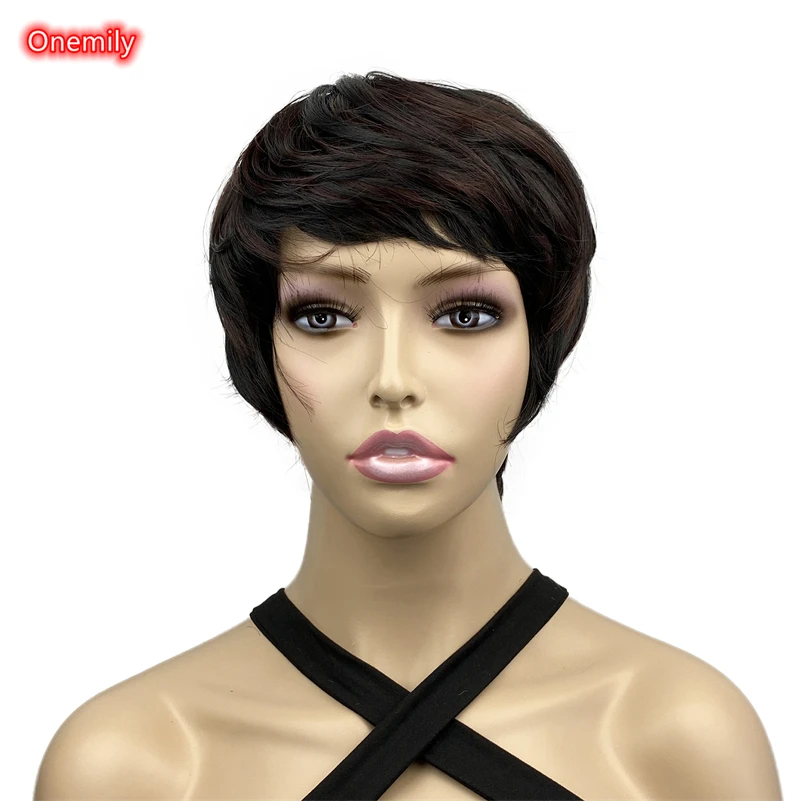 

Onemily короткий Боб прямые коричневые черные термостойкие натуральные волосы модные парики с челкой