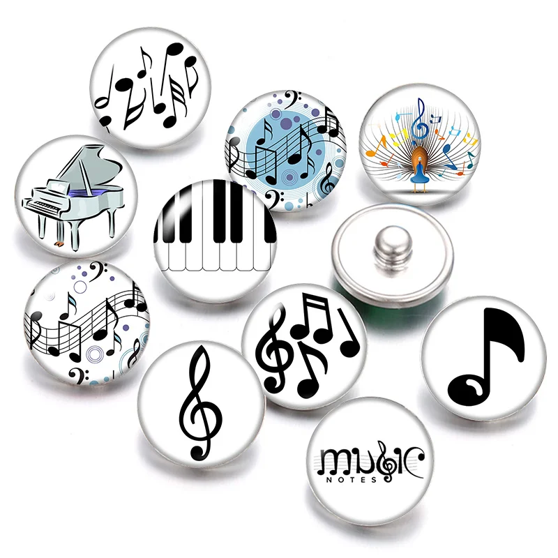 

Music notes Musical instrument 18mm snap buttons 10pcs mixed round photo glass cabochon style for snap button jewelry