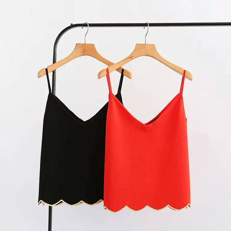 

2018 Summer New Style Elegant Wavy Edge Knit Top Shirt with Narrow Straps Wavy Edge Knitted Culottes Set WOMEN'S Dress