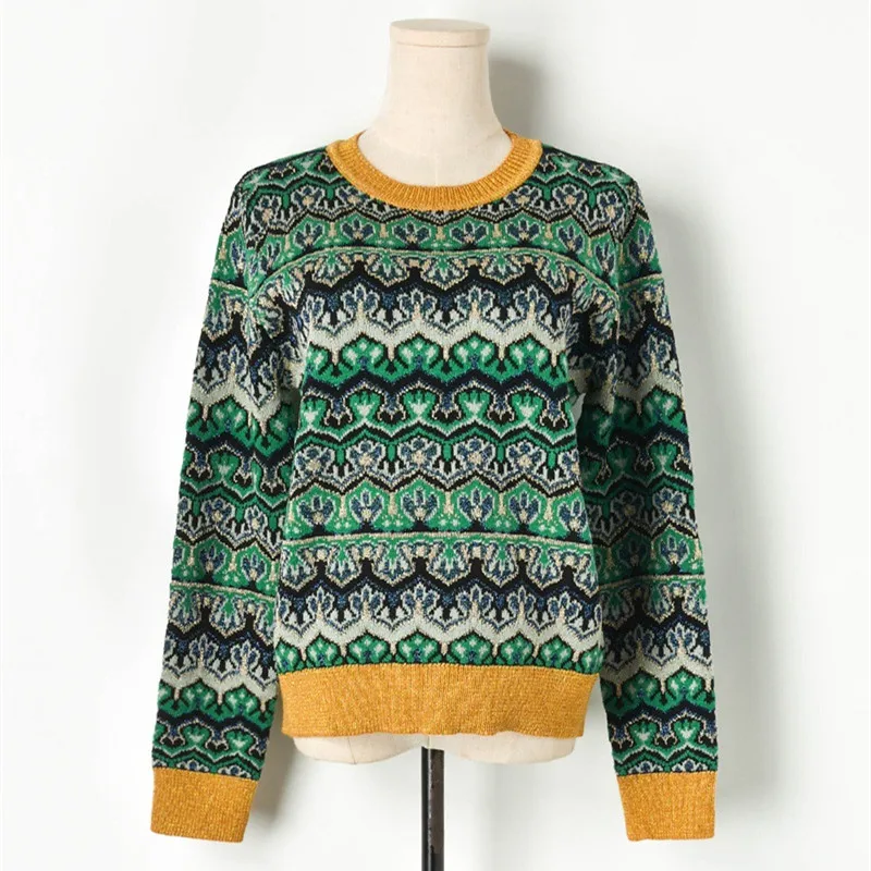 

Luxury Brand Designer Knitted Pullovers for Women Vintage O Neck Contrast Gold Jacquard Long Sleeve Thick Knitted Sweater