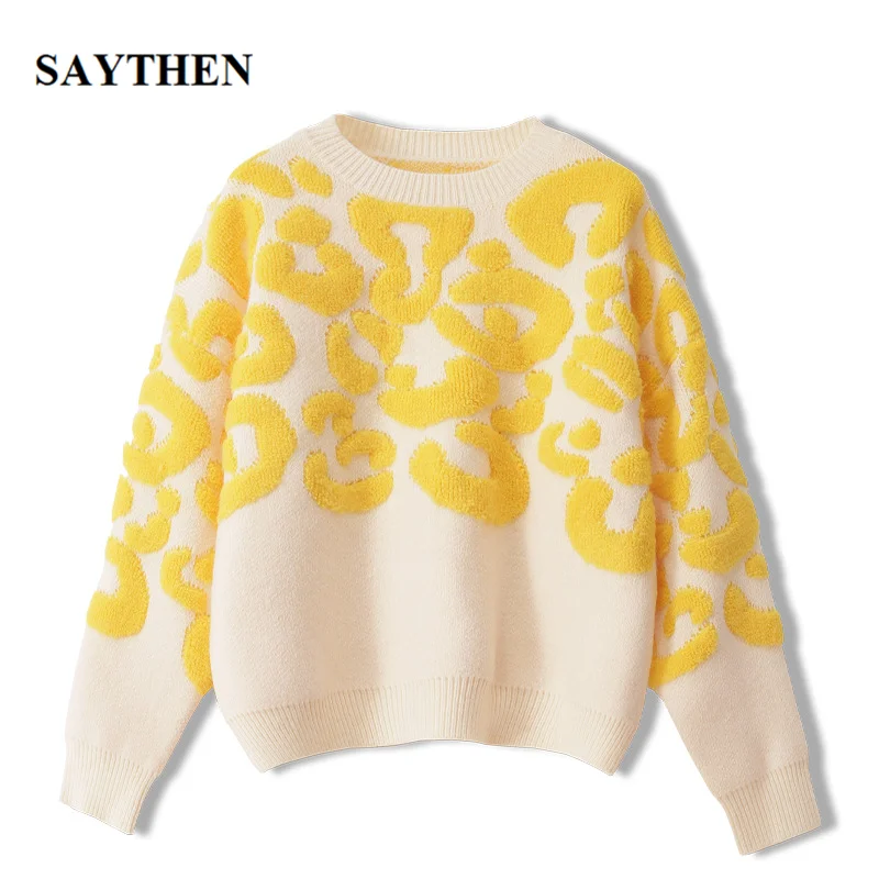 Saythen pista de lujo Otoño Invierno jerseys Retro geométrico leopardo suéter de punto de 2021 nuevo suéter de las mujeres de la marca sudaderas