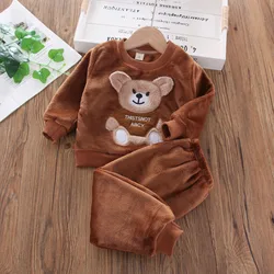 Cozy Winter Kids Flannel Fleece Sleepwear Set - Cartoon Bear Pajamas - 4T(Size 110) (Brown)