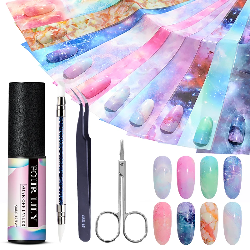 

Four Lily 5ml Nail Foil Adhesive Glue Set DIY Starry Sky Nail Transfer Foil Gel Set Nail Art Decal Gel Slider Manicure