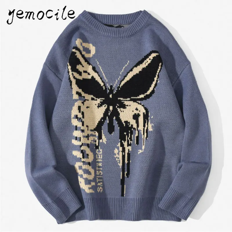 

Hip Hop Knitwear Mens Sweaters 2022 Harajuku Fashion Butterfly Male Loose Tops Casual Streetwear Pullover Sweaters