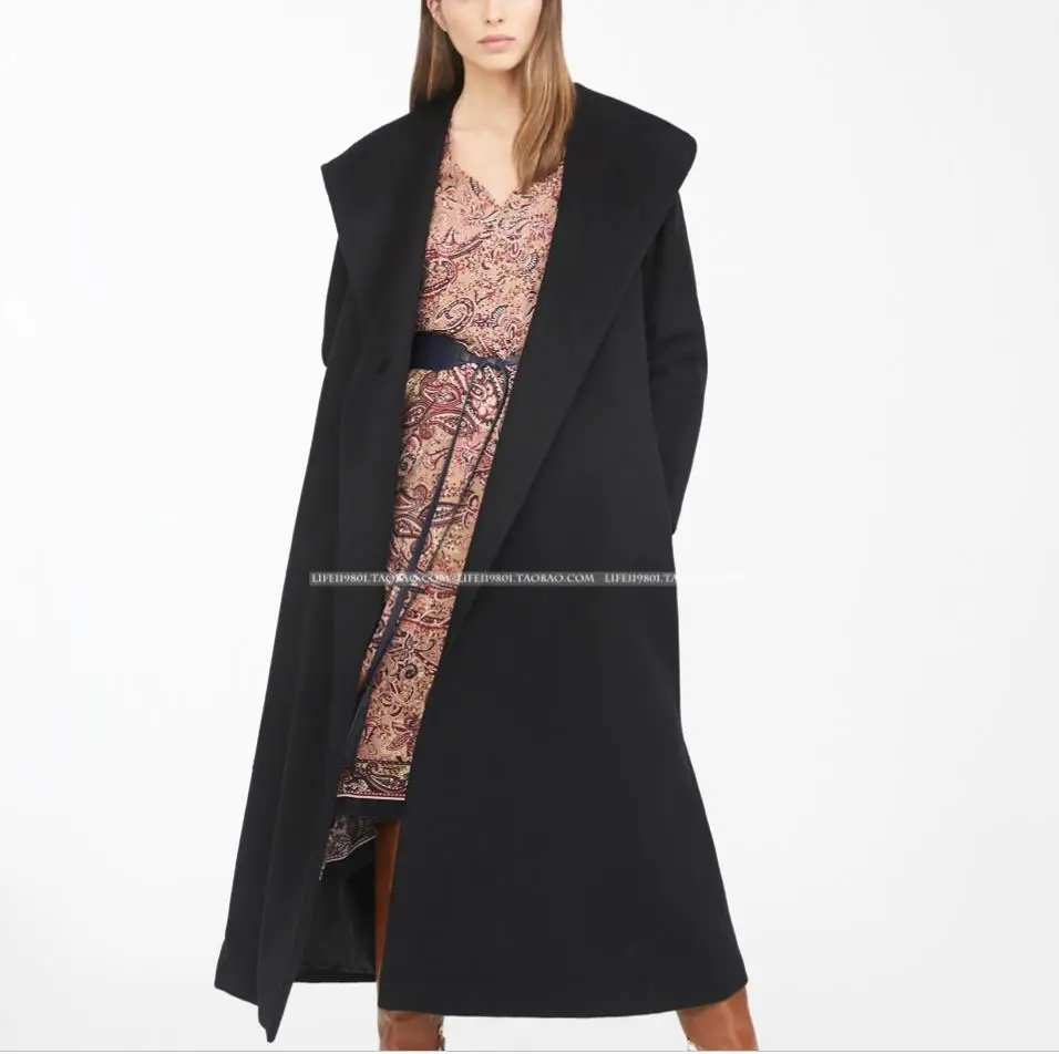 black Autumn Winter black belted Hooded Cardigan Handmade Cashmere Double-Sided Jacket - Цвет: black