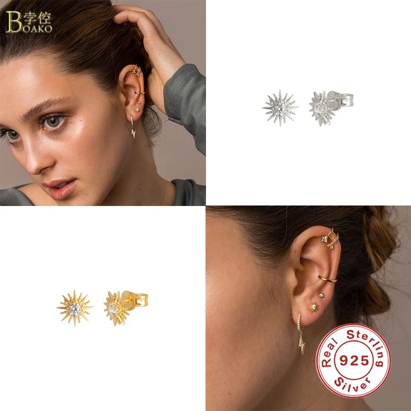 

Boako 925 Sterling Silver Earring Stud Plant sunflower with Crystal Earrings European For Women Festival Silver Jewelry Zircon