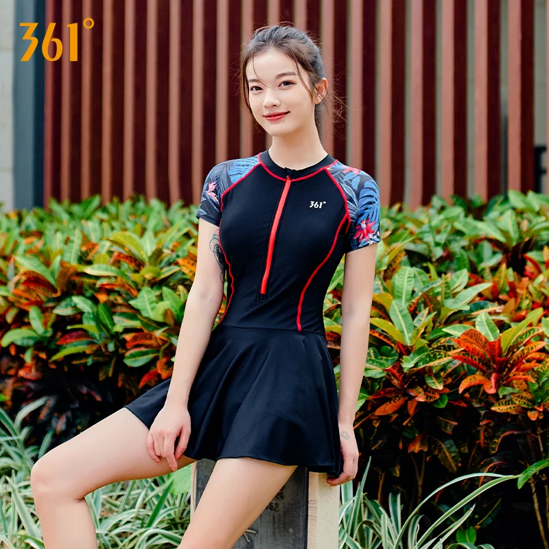 361 Swimsuit Female Summer 2021 One Piece Swim Skirt Short Sleeve Women Swimwear Swim Dress Zipper Stripe Rash Guard