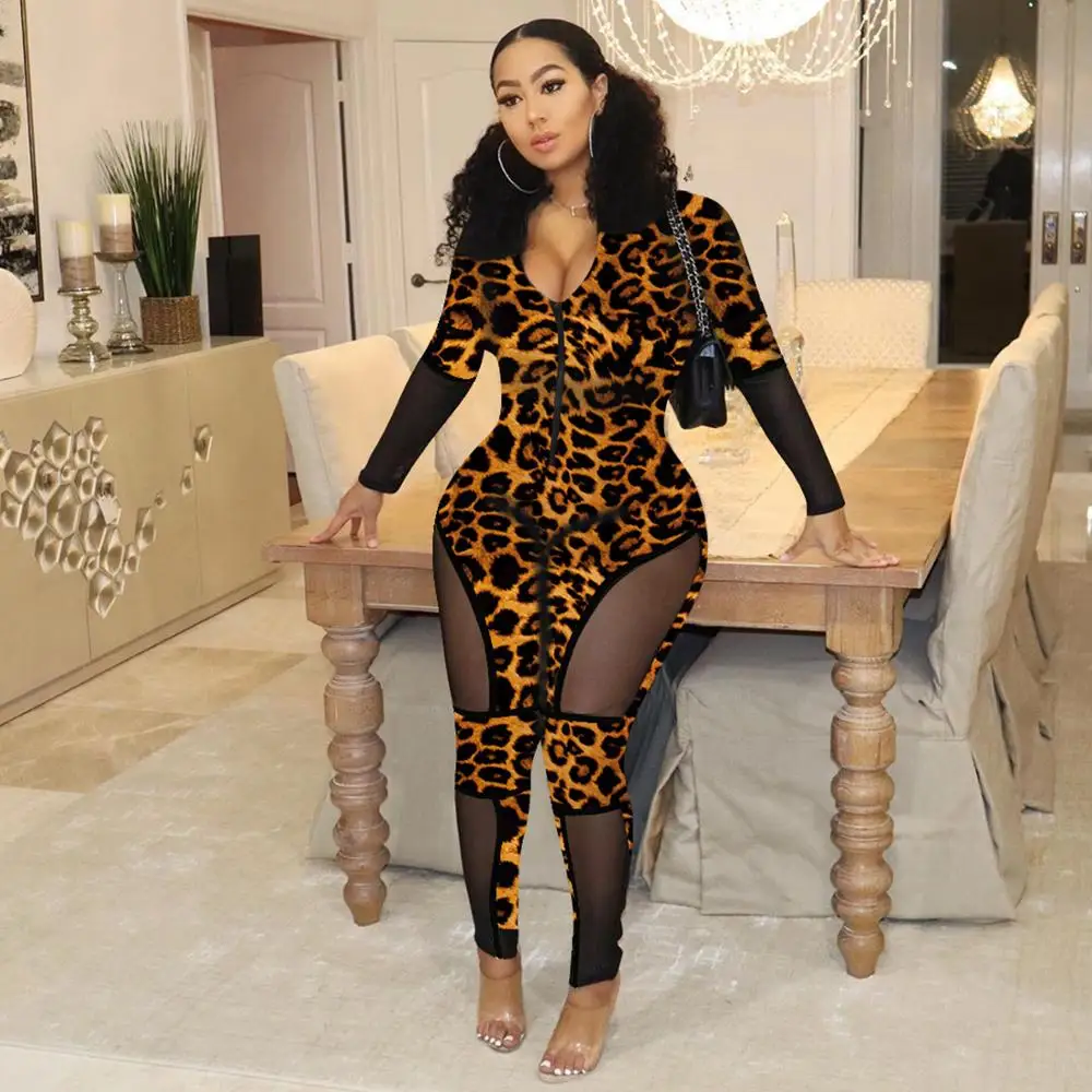 

Echoine Leopard Print Jumpsuit Sheer Mesh Patchwork Zipper Women Rompers Long Sleeve Skinny Bodycon Playsuit Club Outfits 2019