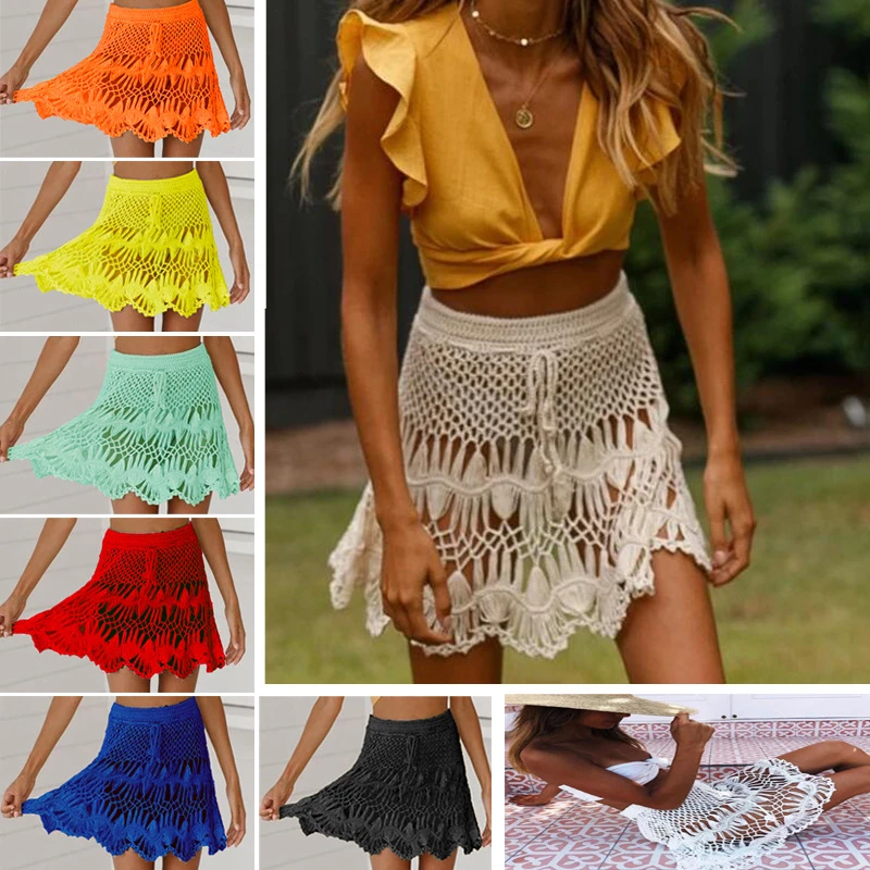 Boho, ручная работа, хлопок, крючком, белые мини юбки для женщин, летняя, открытая, высокая талия, пляжная юбка с кисточками, а-силуэт, низ