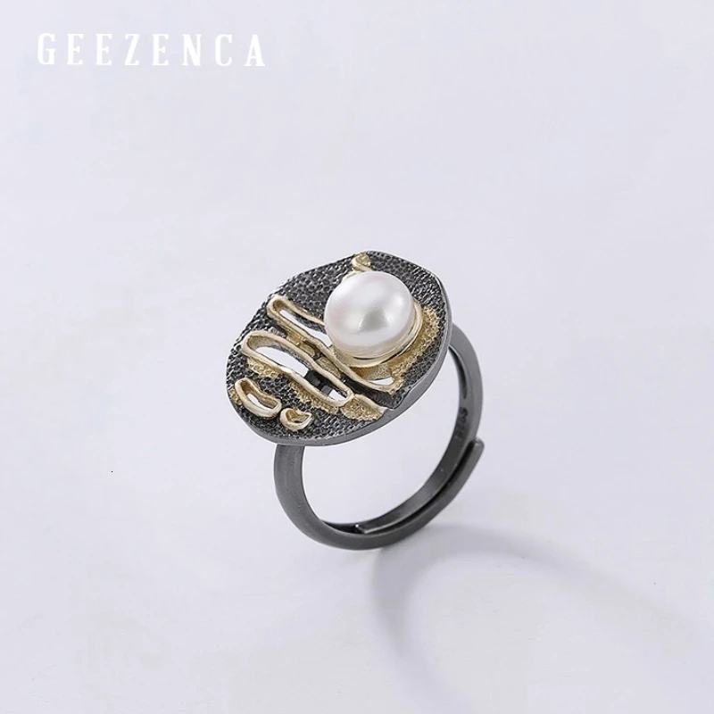 

925 Sterling Silver Black Gold Plated Round Hollow Pearl Open Ring For Women Fine Jewelry 2019 Autumn New Vintage Rings Gift