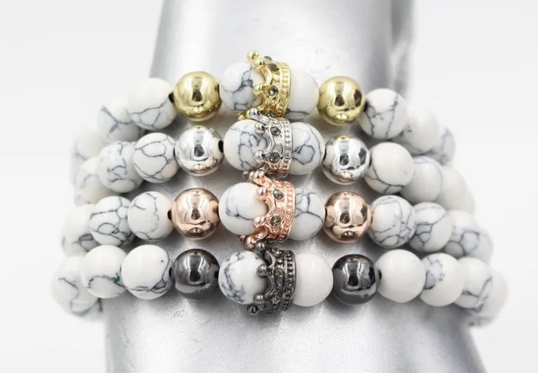 8mm rd2 gold silver micro pave cz zircon cubic zirconia Bracelet adjusted nature stone bead Crown white Howlite Bangles | Украшения и