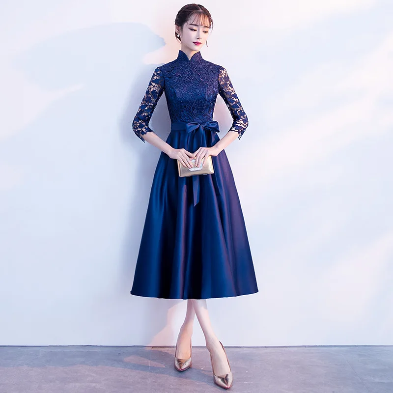 Синий Cheongsam кружева вечерние платья Qi Pao женское традиционное китайское платье Qipao продвижение халат Оригинальное элегантное винтажное платье - Цвет: Navy blue mid