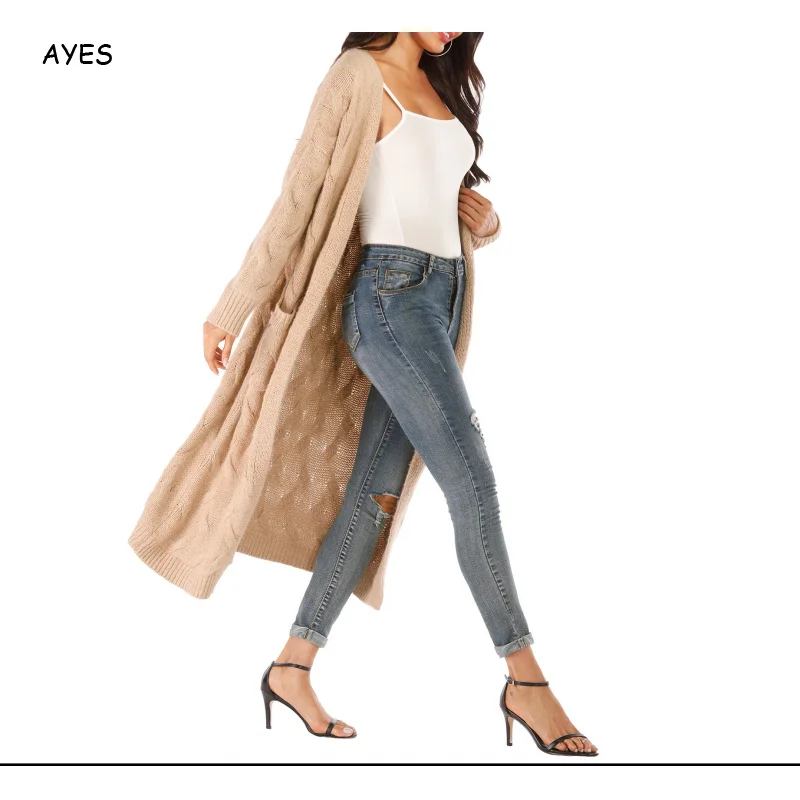 Autumn Winter Warm Cardigan Women Cross Double Pockets Long Style Knitted Cardigan Female Casual Loose Sweater Coat Plus Size