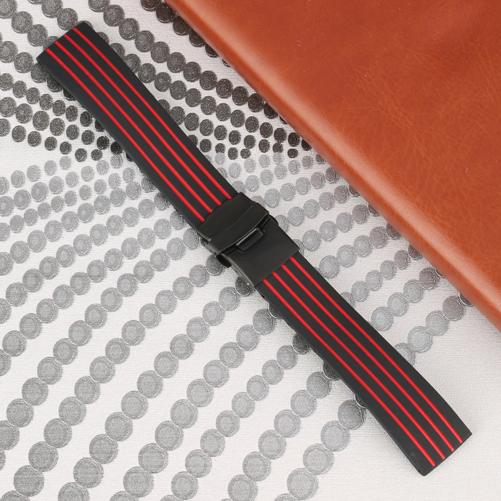 

18MM 20MM 22MM 24MM Red Replacement Watch Strap Black Folding Clasp with Safety Waterproof Silicone Wristwatch Strap Bracelet