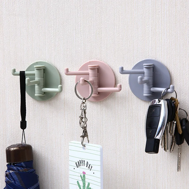 Kitchen Rotating Hook Multifunctional Punch free Storage Hooks Bathroom 3 Branch Invisible Wall Hooks
