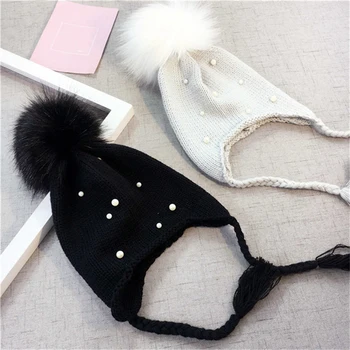 

Cute Children Kid Adult Babies Beanies Caps Child Crochet Winter Warm Knit Hats Cap Baby Boy Girls beading Hair Ball Earbud Hat