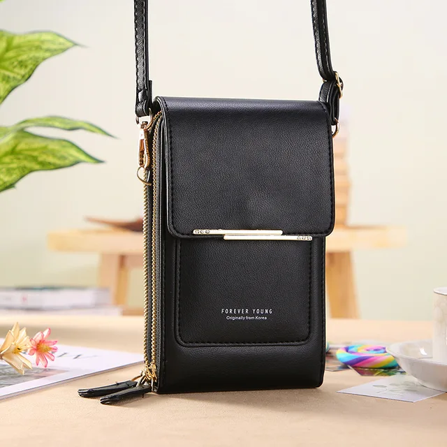 Soft Leather Wallets Touch Screen Mobile Phone Bag for Female Mini Card Holder for Key Coin Purse Vertical Crossbody Money Bags Black