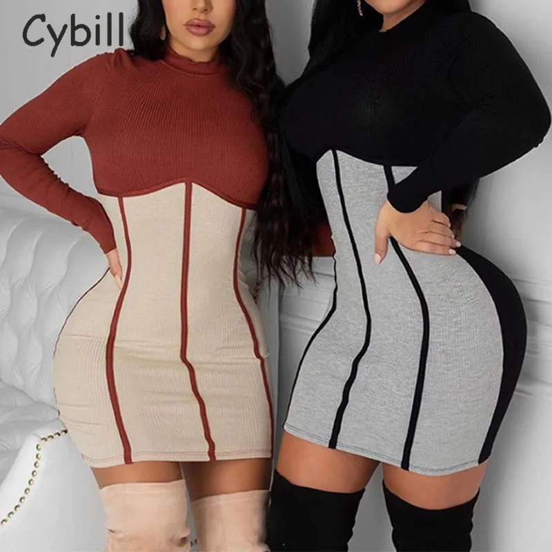 Вязаное мини-платье Cybill с вырезом лодочкой и длинным рукавом лоскутное короткое