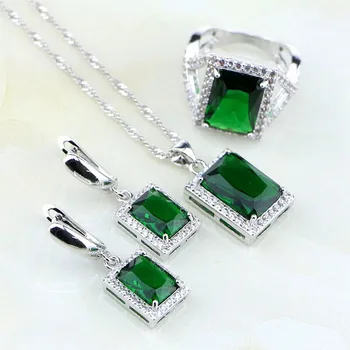 

Natural Square Green Created Emerald White Zircon 925 Silver Jewelry Sets for Women Wedding Earrings/Pendant/Necklace/Ring