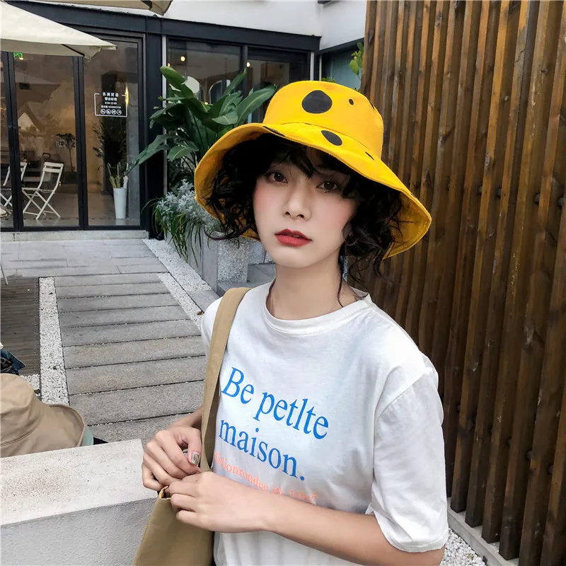 Sun Hat Women Summer Foldable Bucket Hat Harajuku Large Brim Dot Printed Beach Sun Hat Japanese Style Yellow Black Khaki Beige   (29)