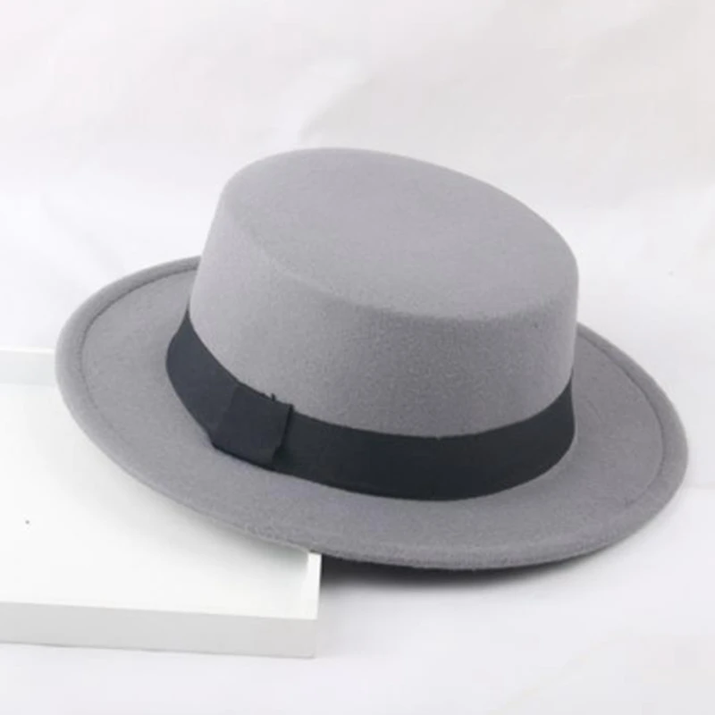New Fashion Wool Pork Pie Boater Flat Hat For Women's Men's Felt Wide Brim Gambler Hat - Цвет: GY