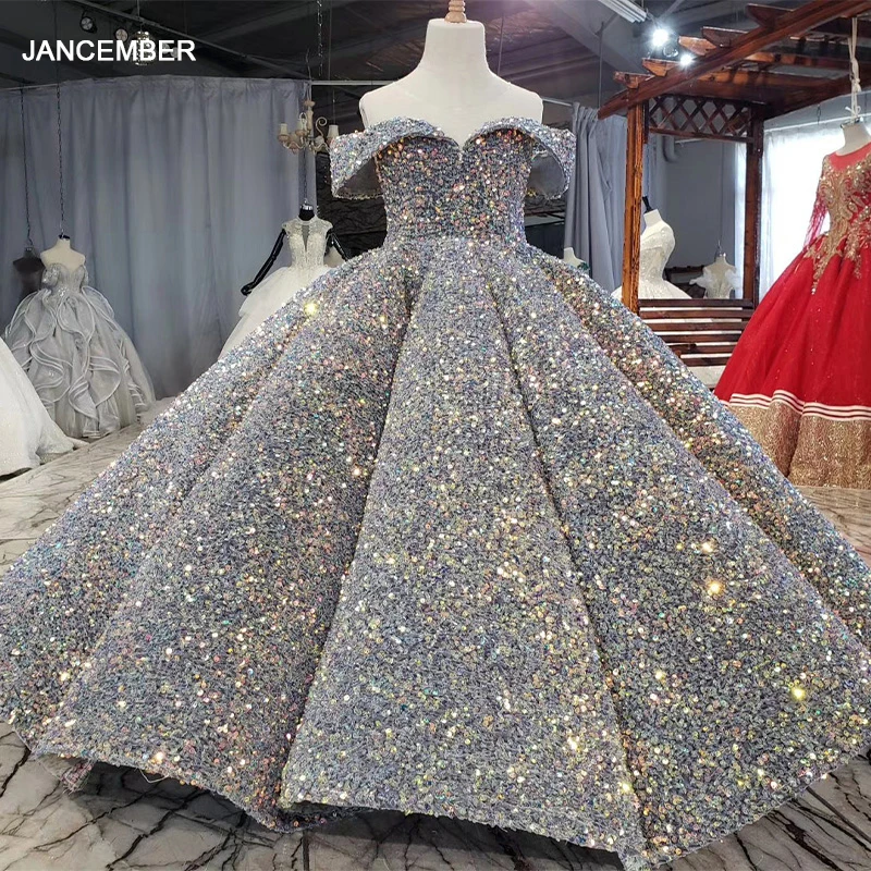 HTL0650 Luxurious Lace Up Back Colorful Sequined Flower Girl Dresses 2020 V-Neck Ball Gowns Off The Shoulder | Свадьбы и торжества