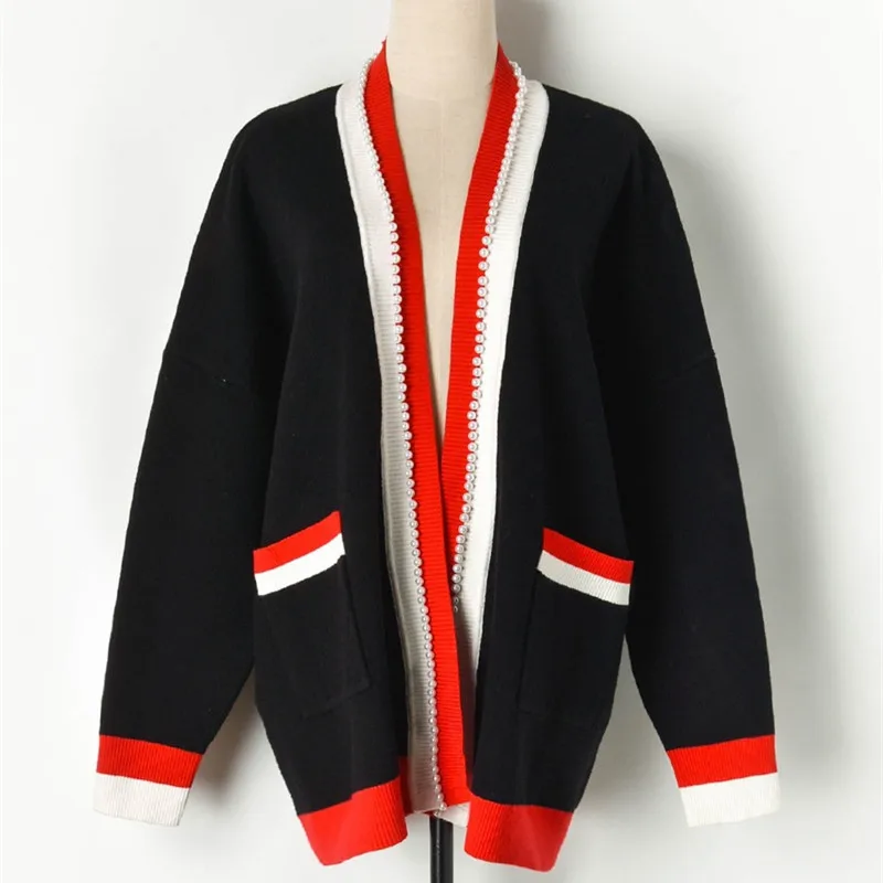 

Luxury Brand Designer Knitted Cardigans for Women Vintage V Neck Contrast Color Striped Beading Pockets Knitted Sweater