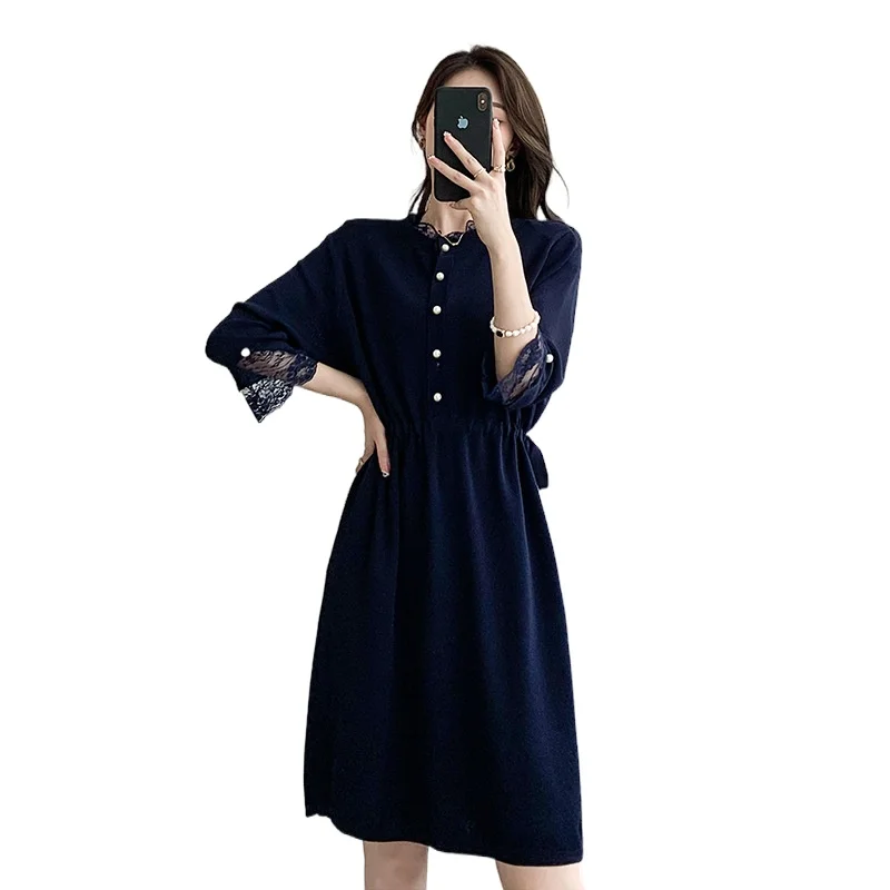 

Knitted Women Dress Spring Summer Lace Patchwork Flare Sleeve Solid High Waist Knitted Sweater Dresses T8535