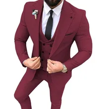 Men Suit New Designs Casual Burgundy 3 Piece Slim Fit Custom Groom Wedding Prom Jacket Vest Pants Dinner Male Dress Tuxedo