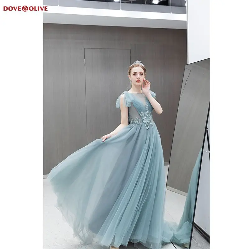

Blue Prom Gown 2020 Graduation Long Illusion Sheer Neck Lace Applique Beading Crystal Pleats Transparent Sexy Tulle Evening Gown