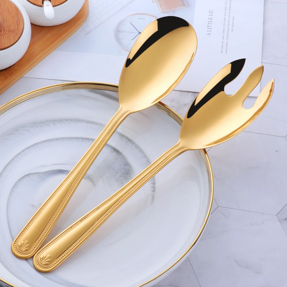 1 Pcs Large Salad Serving Spoon Fork Stainless Steel Cartering Dining Rose Gold Tablespoon Kitchen Utensils 12 Inch