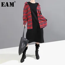 [EAM] женское черное клетчатое платье с разрезом, новинка, круглый вырез, длинный рукав, свободный крой, мода, весна-осень 19A-a155