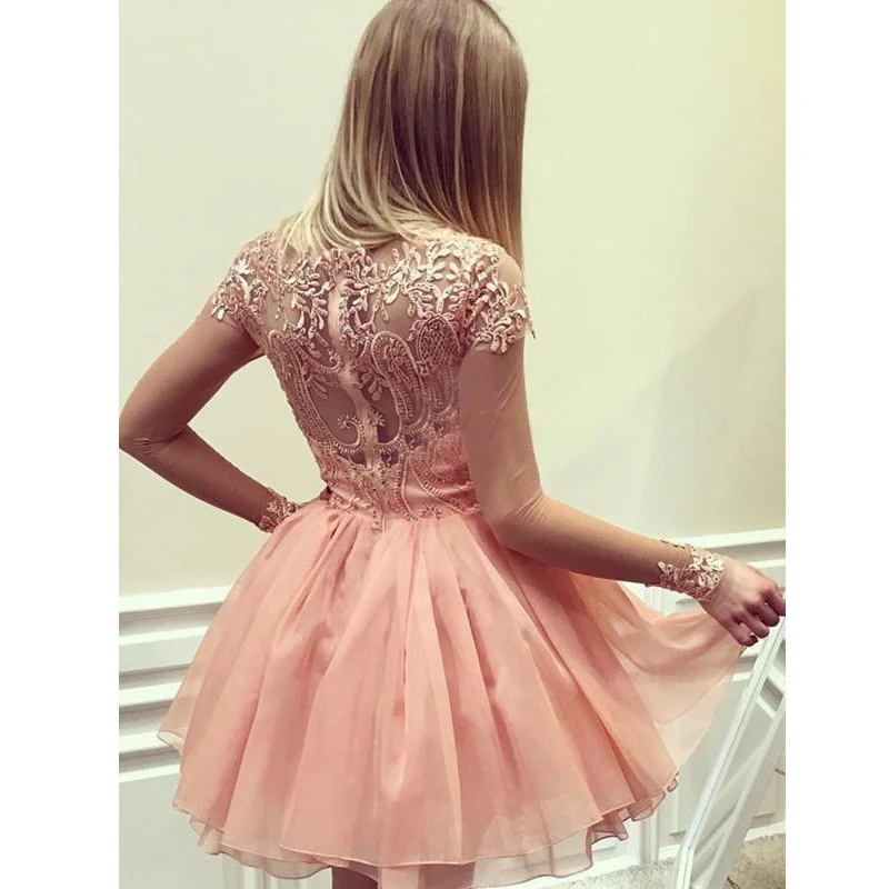Новинка, сексуальные женские короткие коктейльные платья, Воротник Sheer Jewel, длинные рукава, Персиковое кружево, аппликация, блестки, молния сзади, вечерние платья для выпускного вечера, для дома