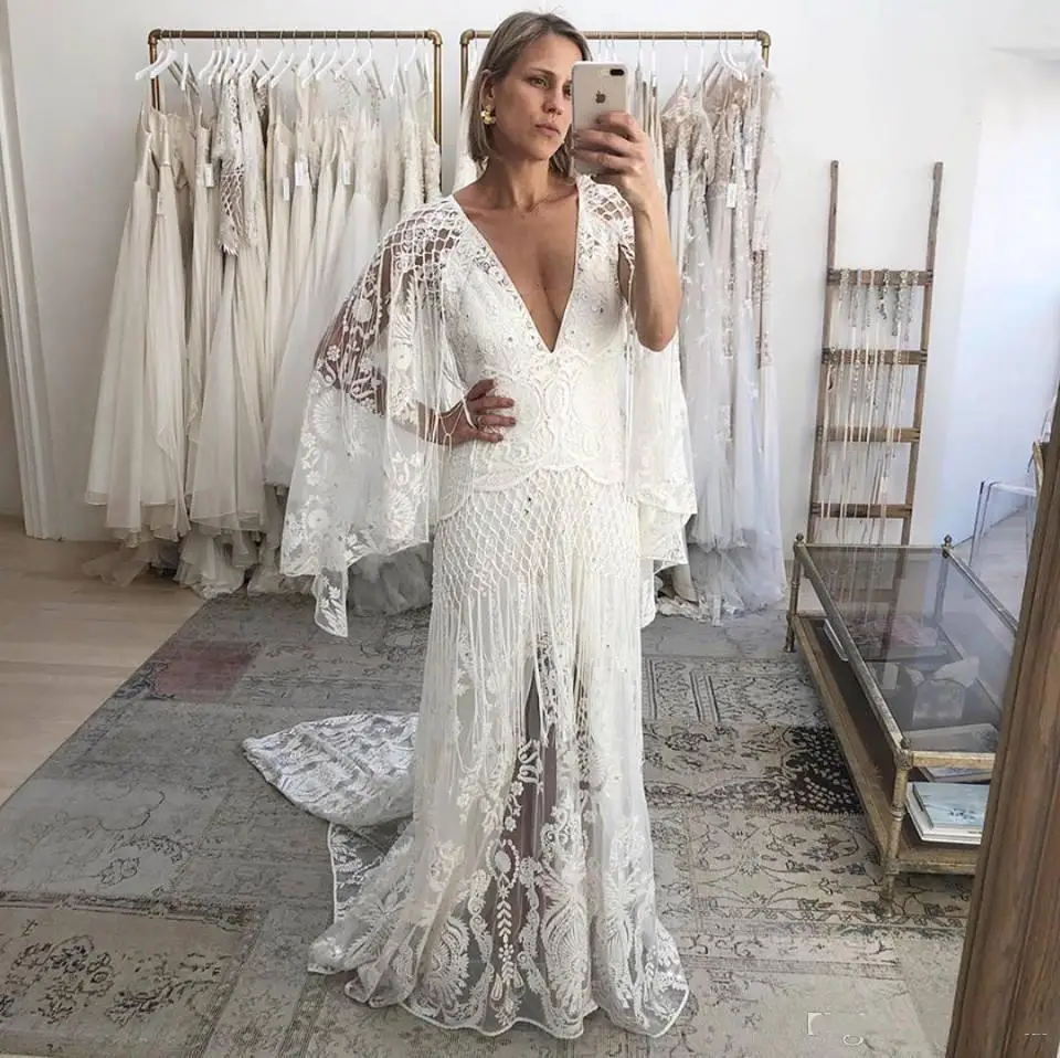 Vintage Bohemian Wedding Dresses with Bell Long Sleeve 2022 Crochet Lace Beach Holiday Boho Backless