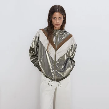 

Trendy ZA Color Matching Jacket Outwar for Women Hat Stand Collar Long Sleeve Elastic Cuff Pockets Adjustable Hem Autumn Outwear