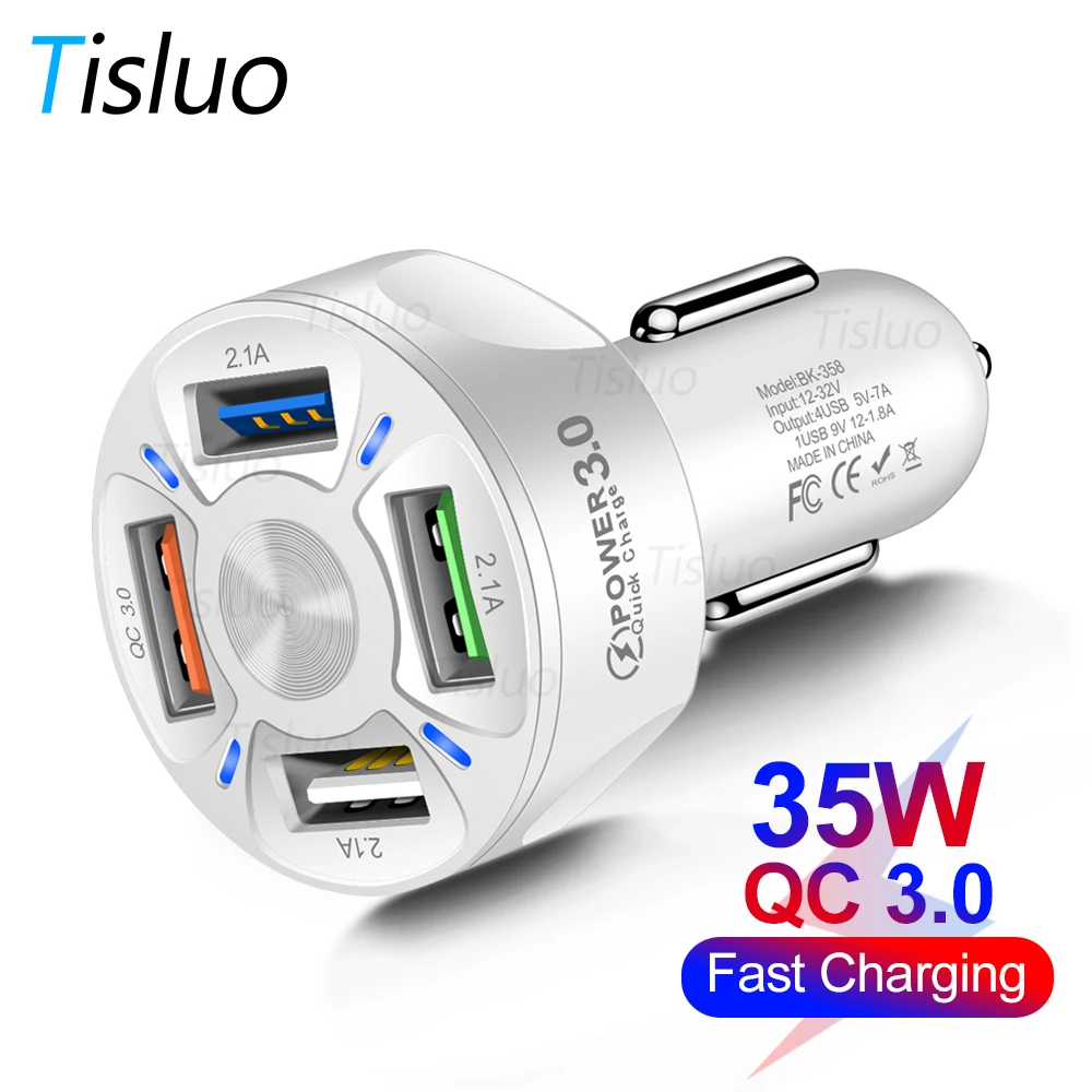 Tisluo 7A Car Charger Quick Charge 3.0 Fast Cigarette Lighter For iphone 11 8 Samsung Huawei Xiaomi 4 Ports USB | Мобильные телефоны