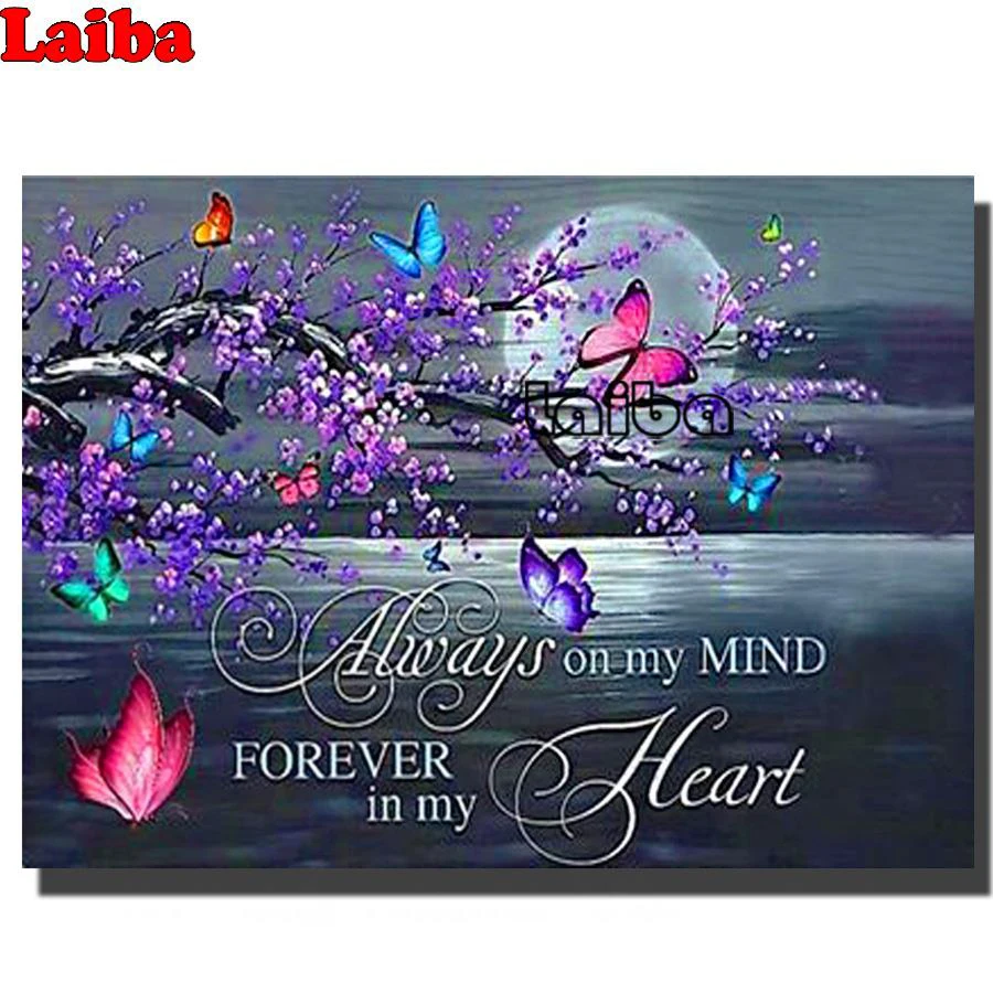 Бабочки сливы цветок Алмазная мозаика любовь луна текст краска на заказ алмазная