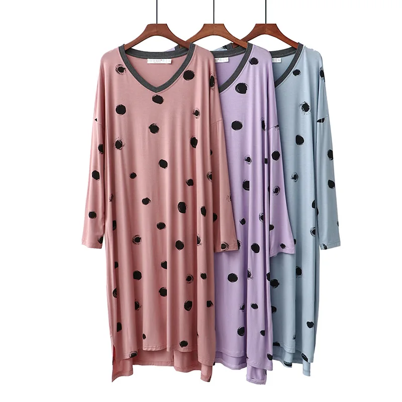 

Summer New Women's Pajamas Modal Nightdress Female Spring And Autumn Loose Sweet Polka-Dot Long-Sleeved V-Neck Home Service