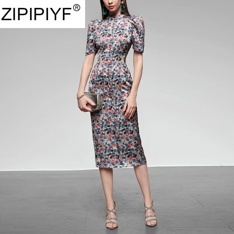 2020 летнее Новое модное женское платье с воротником-стойкой в стиле ретро принтом