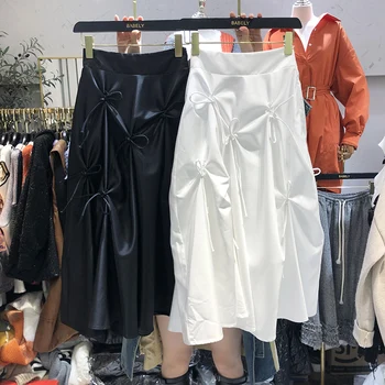 

2020 Spring New Fashion High Waist Drawstring Bow Stitched Midi Length Skirt Solid Color Women Long Skirts
